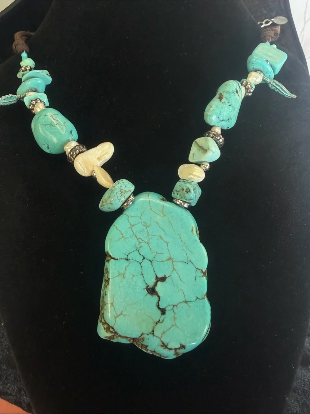 Laura Ashley Turquoise Pendant, Pearls & Metal Feathers Statement Necklace